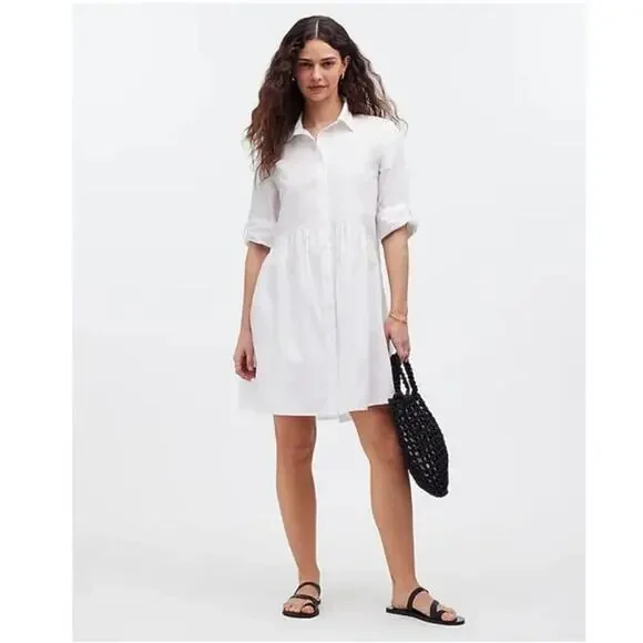 NWT Madewell Button-Front Mini Poplin Shirtdress in White Size S - Picture 1 of 15